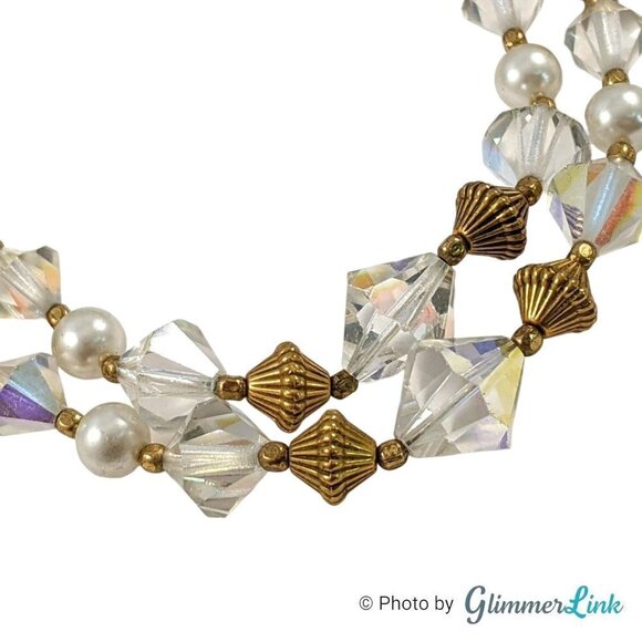 VTG Double Strand AB Aurora Borealis Bicone Bead Faux Pearl Gold Tone Necklace - Picture 7 of 10